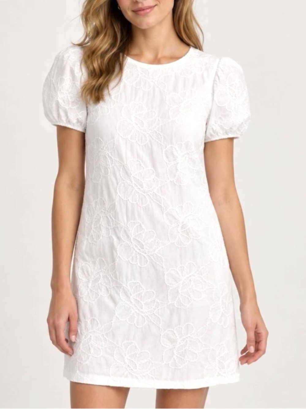 NWT J Crew Mini Dress White Embroidered Floral Short Puff Sleeves 4 Small Shift